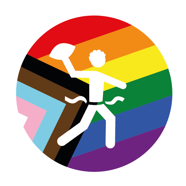 Flag Football Piktogramm mit Pride Hintergrund und Kurzhaarfrisur.
